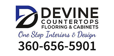 Devine Countertops Flooring & Cabinets logo, subtitled One Stop Interiors & Design 360-656-5901